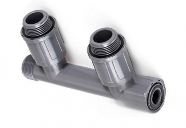 PVC Verteiler 2 Fach Rain-Bird, Auslässe 3 x 1" AG x 1" IG,PVC Verschraubungen, Überwurf Rain Bird, Ventilanschlüsse für Rain-Bird und Hunter, RB1301-210 *AG Aussengewinde*